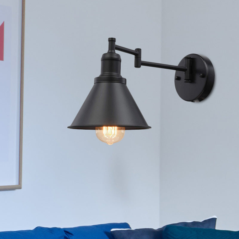 Frendorf | Swing Arm Iron Wandlampe Beleuchtung Vintage 1 Glühbirne Café Wandlampe in Schwarz mit konischem Schirm