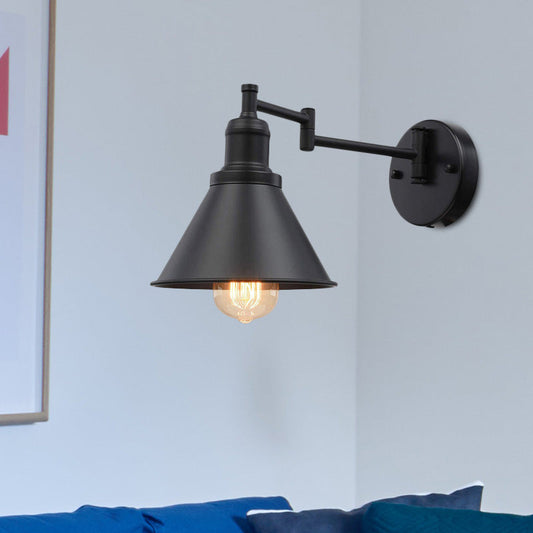 Frendorf | Swing Arm Iron Wandlampe Beleuchtung Vintage 1 Glühbirne Café Wandlampe in Schwarz mit konischem Schirm
