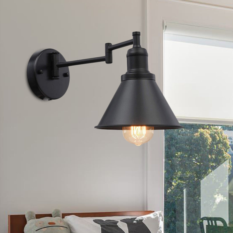 Frendorf | Swing Arm Iron Wandlampe Beleuchtung Vintage 1 Glühbirne Café Wandlampe in Schwarz mit konischem Schirm
