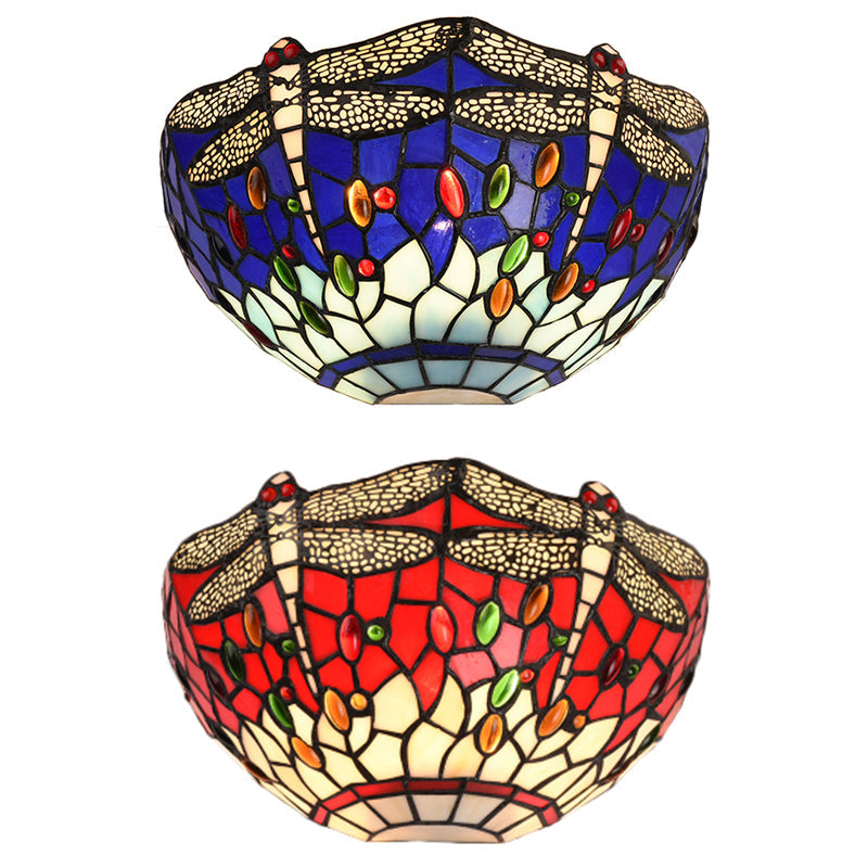 Frendorf | Halbschalen-Wandlampe mit Libelle und Schmuck Tiffany-Glas-Wandlicht in Rot/Blau für Café