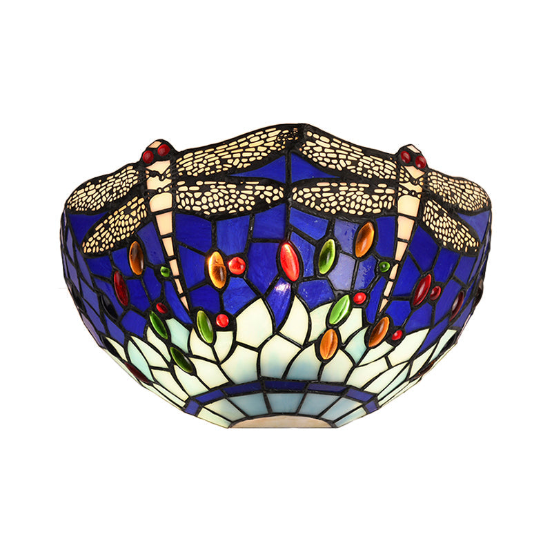Frendorf | Halbschalen-Wandlampe mit Libelle und Schmuck Tiffany-Glas-Wandlicht in Rot/Blau für Café