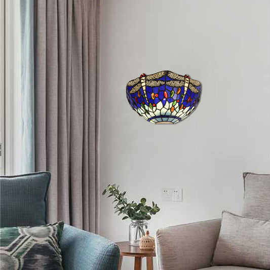 Frendorf | Halbschalen-Wandlampe mit Libelle und Schmuck Tiffany-Glas-Wandlicht in Rot/Blau für Café