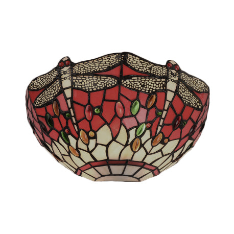 Frendorf | Halbschalen-Wandlampe mit Libelle und Schmuck Tiffany-Glas-Wandlicht in Rot/Blau für Café