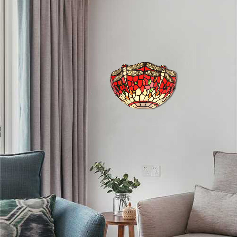 Frendorf | Halbschalen-Wandlampe mit Libelle und Schmuck Tiffany-Glas-Wandlicht in Rot/Blau für Café