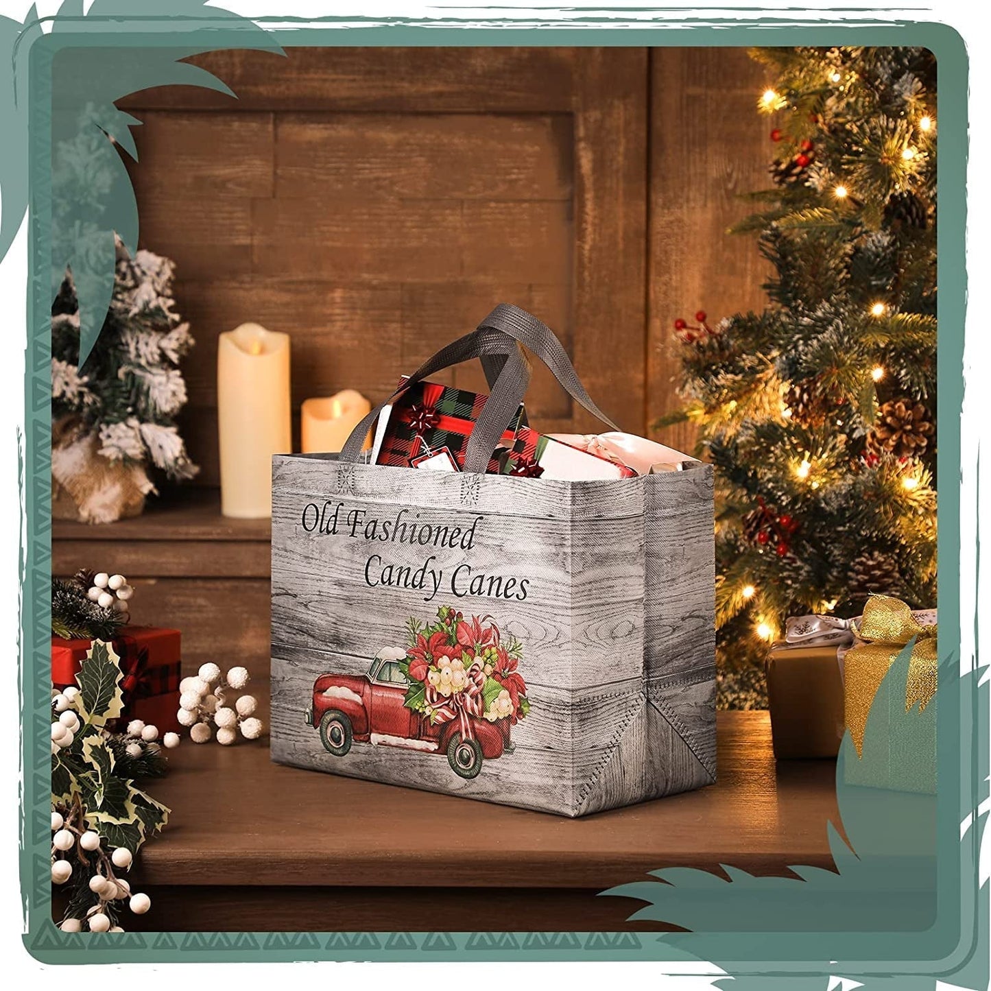 Frendorf | 12 Stück Rustikale Weihnachts Tragetaschen mit Griffen, Wiederverwendbare Geschenktaschen Einkaufstaschen für Weihnachten Wintergeschenke Feiertagsverpackungsbeutel Partybedarf, 32.5 X 24.9 X 17.0 cm