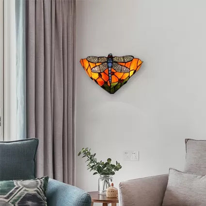 Frendorf | Wandleuchte Bowl mit Libelle Muster Buntglas 2 Lichter Rustikale Wandmontage Licht