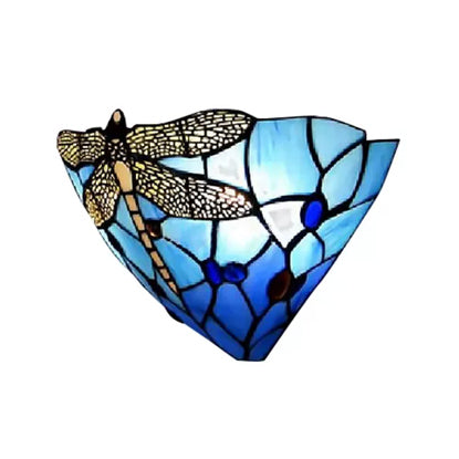 Frendorf | Wandleuchte Bowl mit Libelle Muster Buntglas 2 Lichter Rustikale Wandmontage Licht