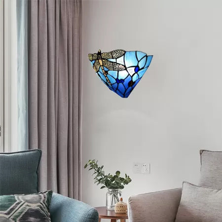 Frendorf | Wandleuchte Bowl mit Libelle Muster Buntglas 2 Lichter Rustikale Wandmontage Licht