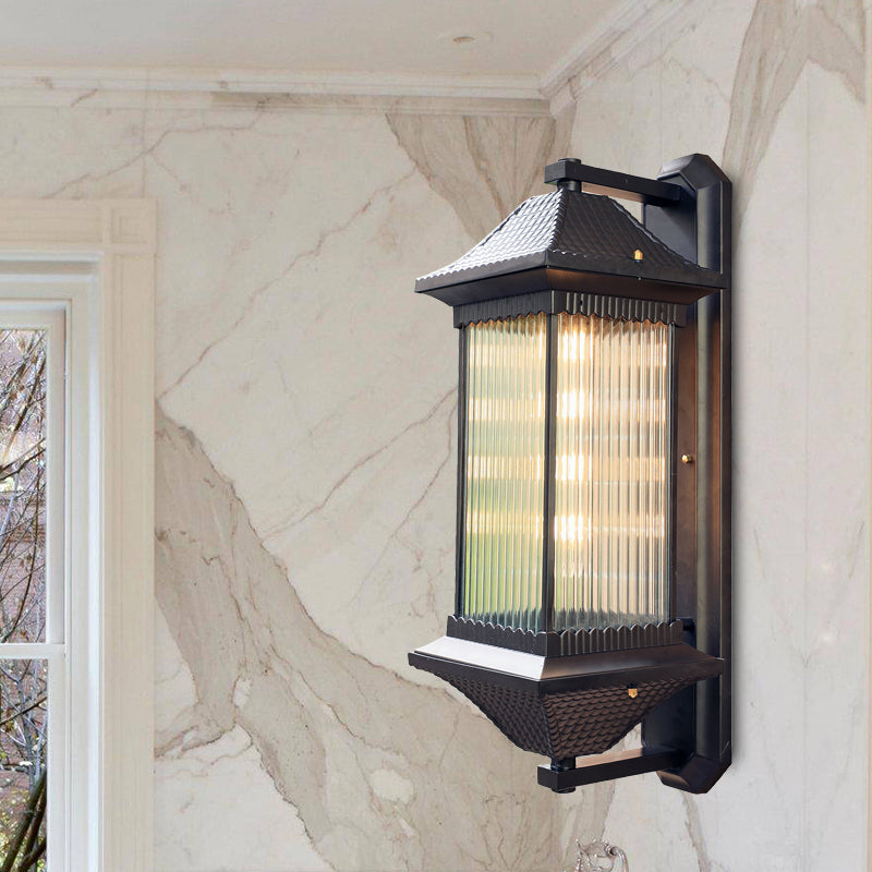 Frendorf | 1 Glühbirne Kubus Wandleuchte Rustikal Dunkelkaffee Klar Geriffelt Glas Wandmontierte Lampe, 9"/10" Breit
