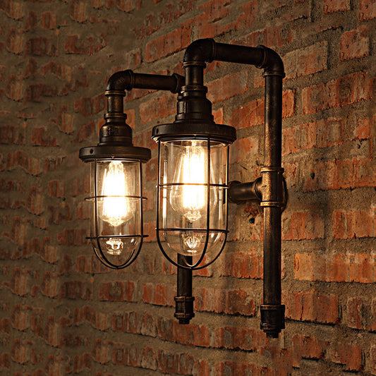 Frendorf | Nautical Wire Frame Wandlamp met Binnenheldere Glazen Schaal en Ventiel 2 Lampen IJzeren Wandverlichting in Vintage Messing
