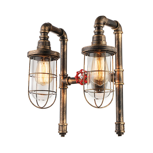 Frendorf | Nautical Wire Frame Wandlamp met Binnenheldere Glazen Schaal en Ventiel 2 Lampen IJzeren Wandverlichting in Vintage Messing