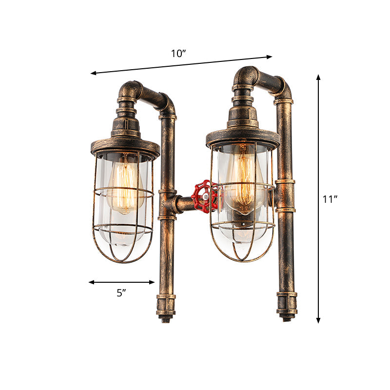 Frendorf | Nautical Wire Frame Wandlamp met Binnenheldere Glazen Schaal en Ventiel 2 Lampen IJzeren Wandverlichting in Vintage Messing