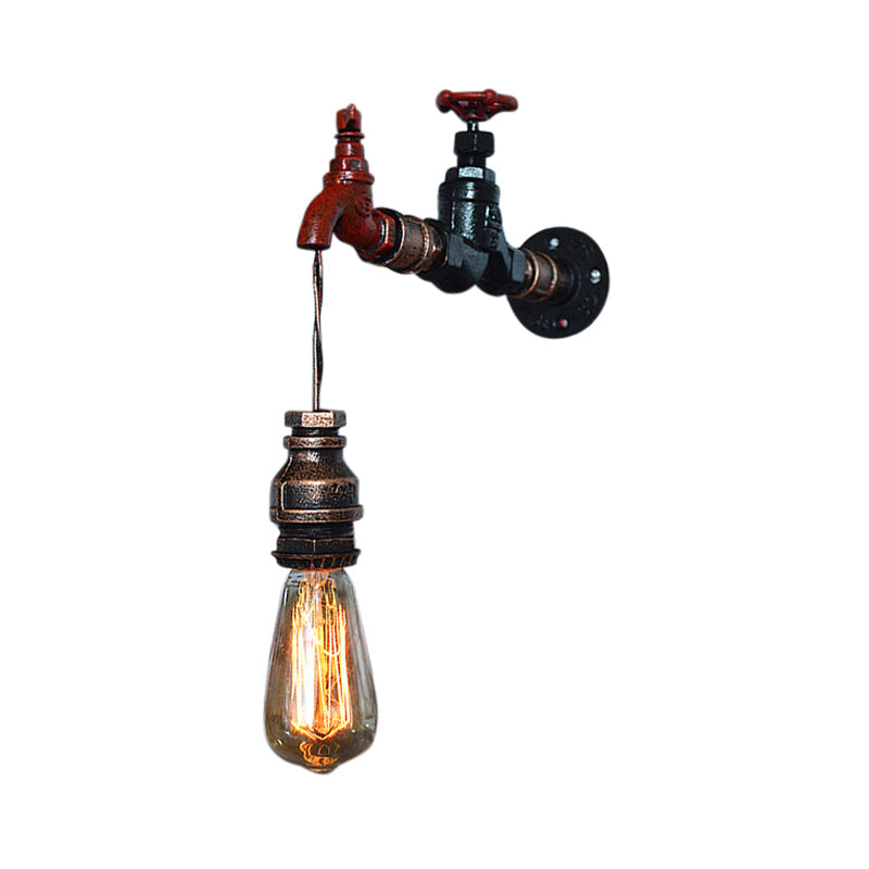 Frendorf | Steampunk Stil Open Glühbirne Wandhängelampe mit Wasserhahn 1 Licht Eisen Wandmontage Leuchte in Bronze