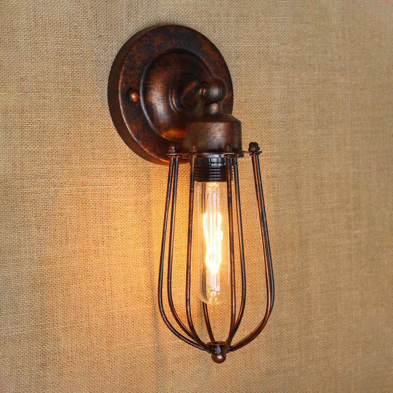Frendorf | 1 Kopf Mini Wand Leuchte mit Käfigschirm Vintage Stil Dunkelrost/Messing Metall Wandlampe für Wohnzimmer
