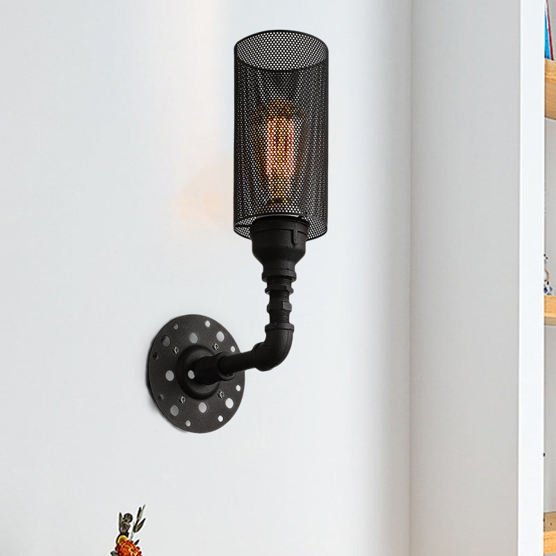 Frendorf | Metallische Zylinder Wandbeleuchtung mit Maschenbild Vintage Stilvolle 1 Licht Restaurant Wandmontage Licht in Schwarz