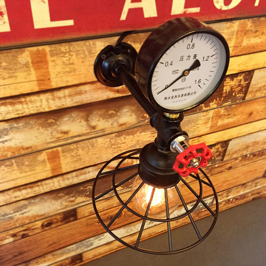 Frendorf | Metalen Kegel Ge cage Wandverlichting met Drukmeter Industriële 1 Lamp Koffiezaak Wandlamp in Zwart