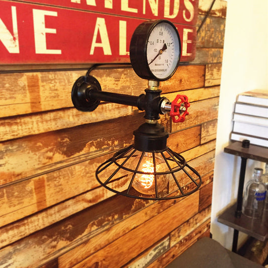 Frendorf | Metalen Kegel Ge cage Wandverlichting met Drukmeter Industriële 1 Lamp Koffiezaak Wandlamp in Zwart