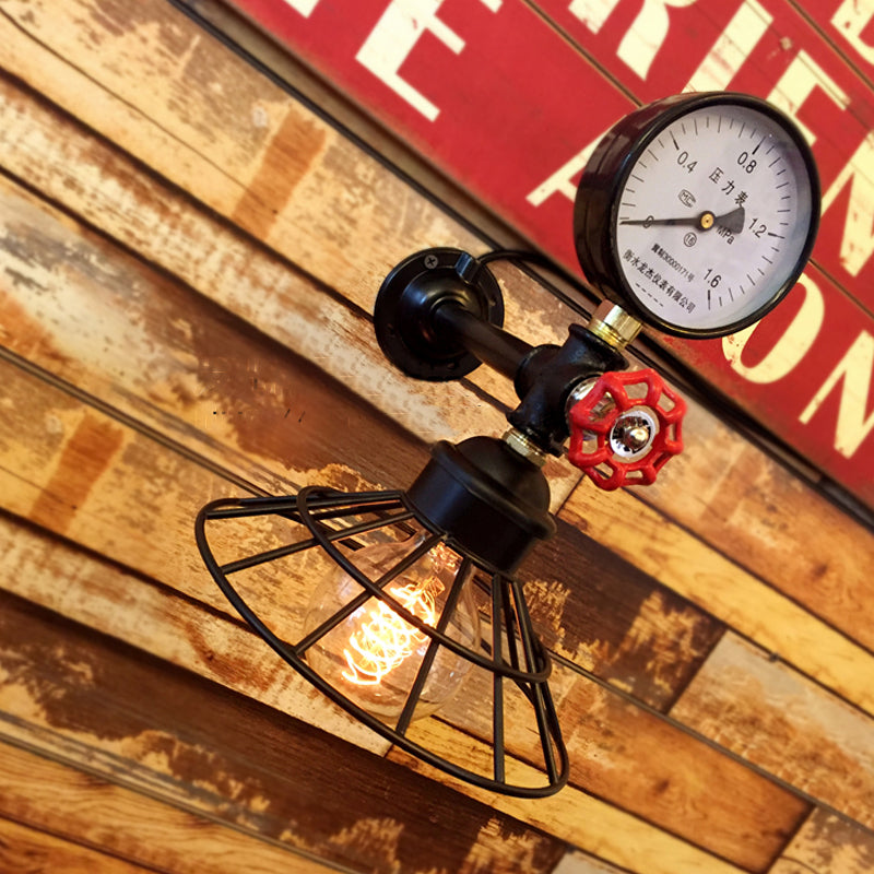 Frendorf | Metalen Kegel Ge cage Wandverlichting met Drukmeter Industriële 1 Lamp Koffiezaak Wandlamp in Zwart