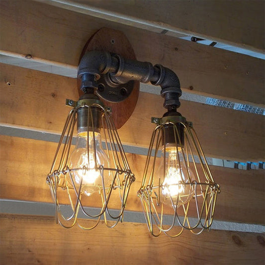 Frendorf | Warehouse U Vormige Wandlamp met Draadbeschermer en Pijp 2 Lichten Metallic Wandlamp in Messing