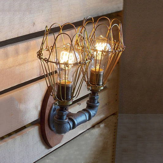 Frendorf | Warehouse U Vormige Wandlamp met Draadbeschermer en Pijp 2 Lichten Metallic Wandlamp in Messing