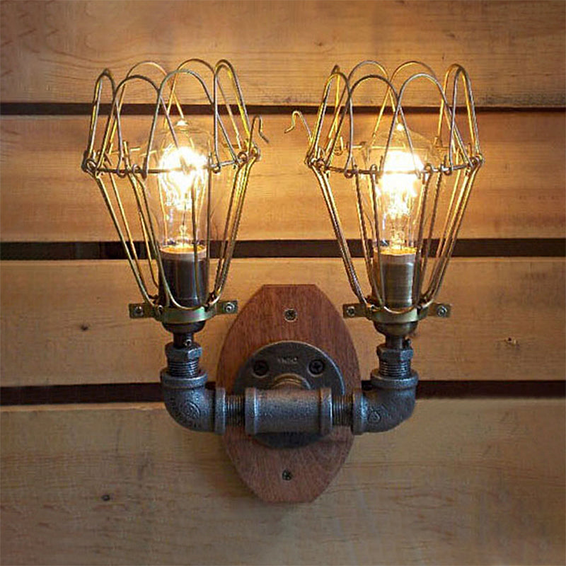 Frendorf | Warehouse U Vormige Wandlamp met Draadbeschermer en Pijp 2 Lichten Metallic Wandlamp in Messing