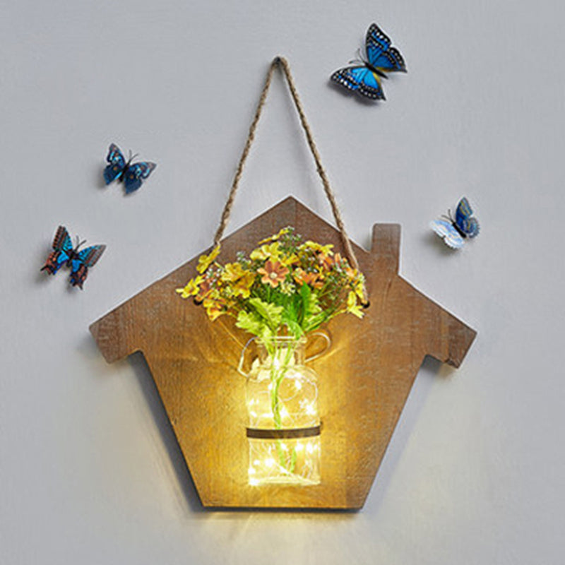 Frendorf | Houten Huis Vormige Wandlamp Moderne Bloem/Plant Accent Snoer Licht voor Café Thee Winkel