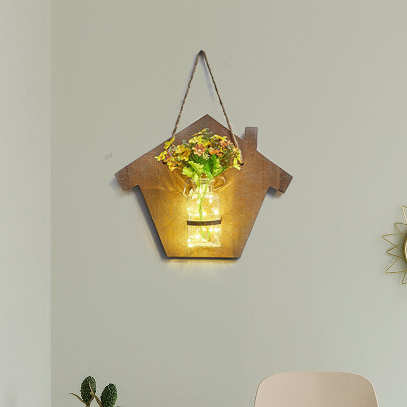 Frendorf | Houten Huis Vormige Wandlamp Moderne Bloem/Plant Accent Snoer Licht voor Café Thee Winkel