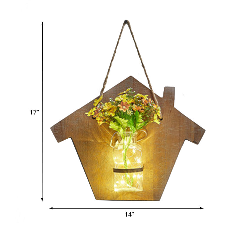 Frendorf | Houten Huis Vormige Wandlamp Moderne Bloem/Plant Accent Snoer Licht voor Café Thee Winkel