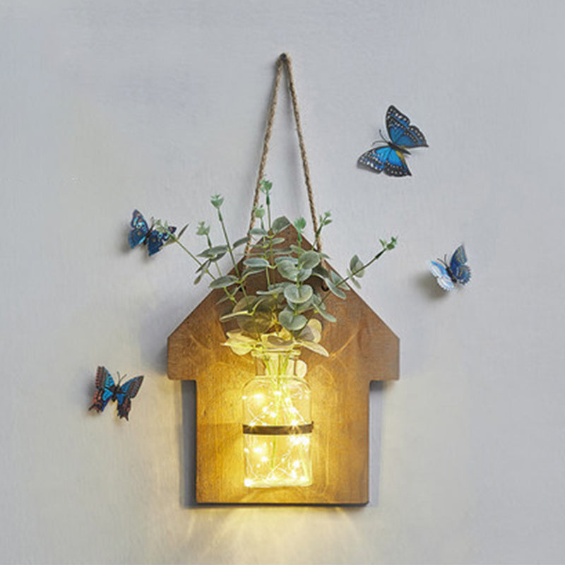 Frendorf | Houten Huis Vormige Wandlamp Moderne Bloem/Plant Accent Snoer Licht voor Café Thee Winkel