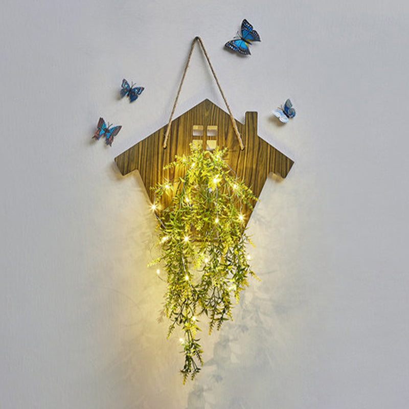 Frendorf | Houten Huis Vormige Wandlamp Moderne Bloem/Plant Accent Snoer Licht voor Café Thee Winkel
