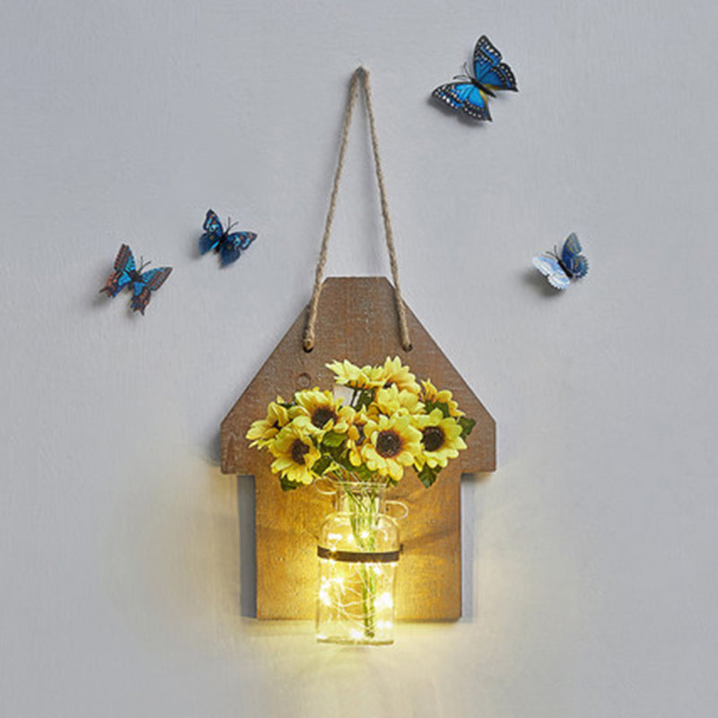 Frendorf | Houten Huis Vormige Wandlamp Moderne Bloem/Plant Accent Snoer Licht voor Café Thee Winkel