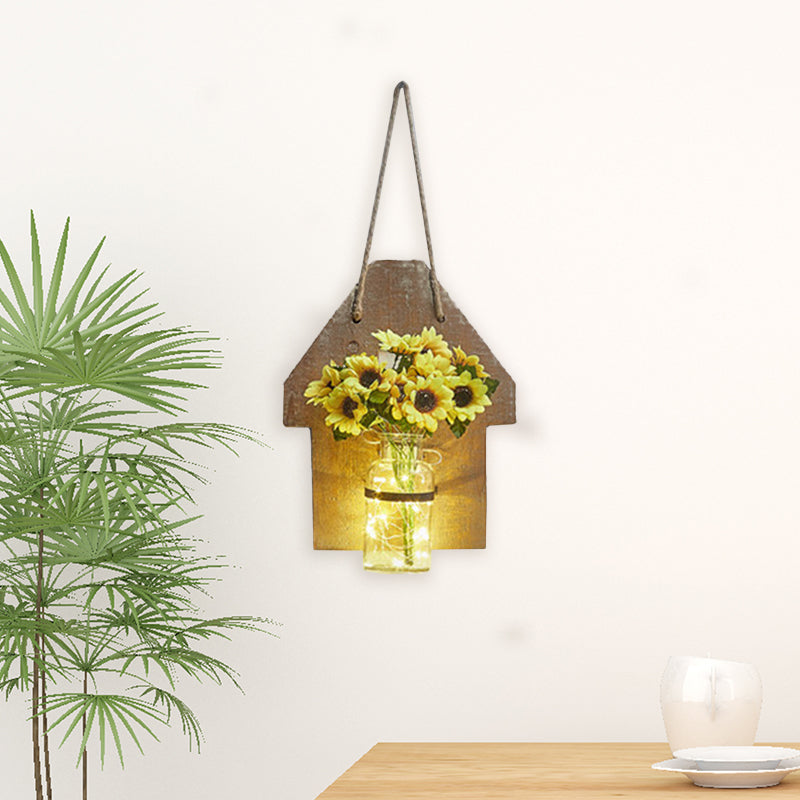Frendorf | Houten Huis Vormige Wandlamp Moderne Bloem/Plant Accent Snoer Licht voor Café Thee Winkel