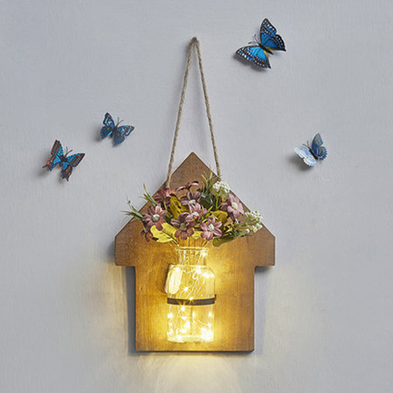 Frendorf | Houten Huis Vormige Wandlamp Moderne Bloem/Plant Accent Snoer Licht voor Café Thee Winkel