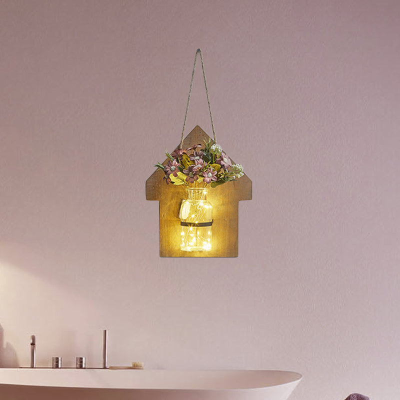 Frendorf | Houten Huis Vormige Wandlamp Moderne Bloem/Plant Accent Snoer Licht voor Café Thee Winkel