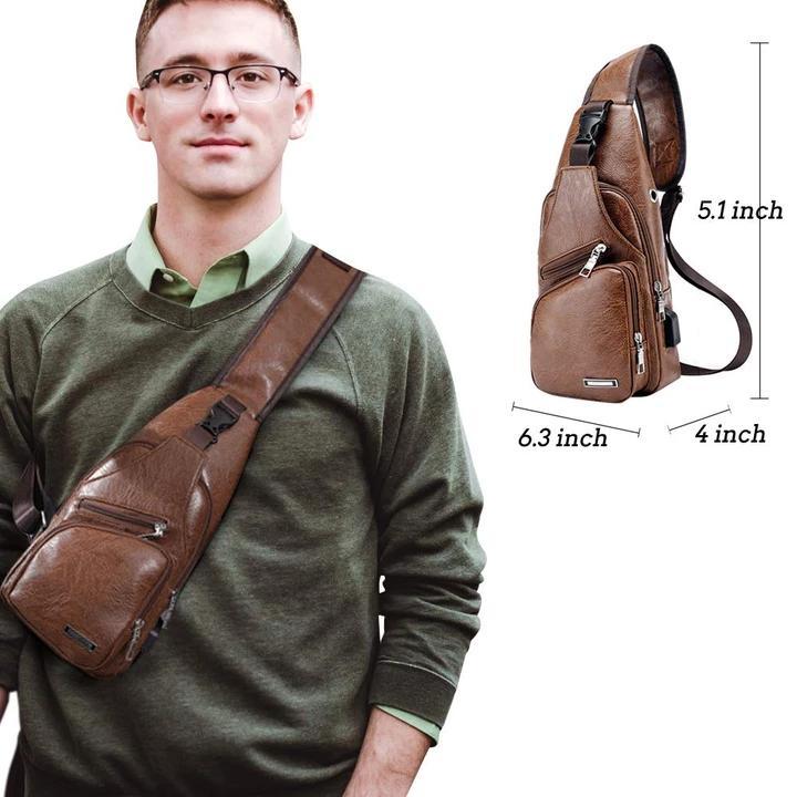 Frendorf | Große Herren Leder Tasche Brust Rucksack Wasserdichte Umhängetasche mit USB