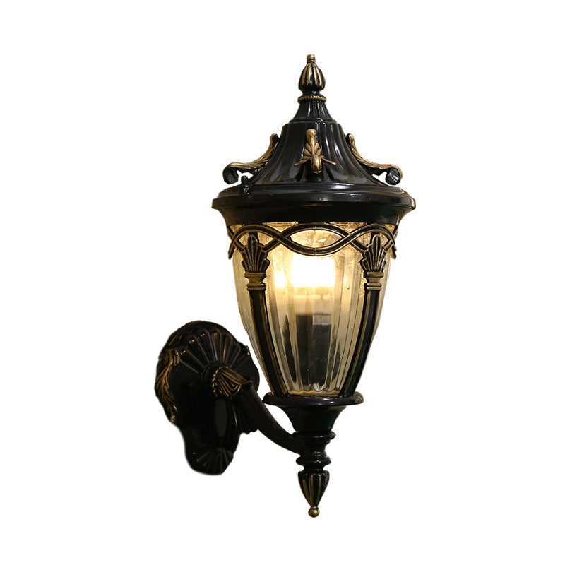 Frendorf | 1 Glühbirne Urne Wand Sconce Licht Loft Messing/schwarzes Metall Wandlampe Leuchte mit klarem geripptem Glas-Schirm