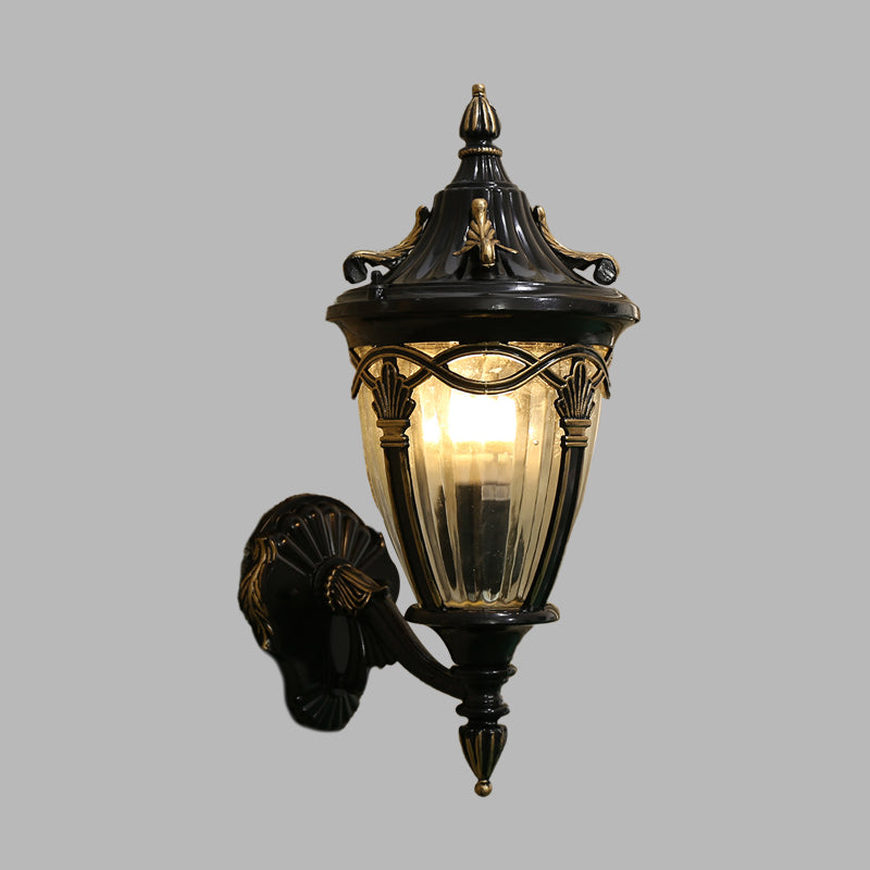 Frendorf | 1 Glühbirne Urne Wand Sconce Licht Loft Messing/schwarzes Metall Wandlampe Leuchte mit klarem geripptem Glas-Schirm