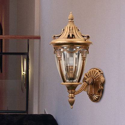 Frendorf | 1 Glühbirne Urne Wand Sconce Licht Loft Messing/schwarzes Metall Wandlampe Leuchte mit klarem geripptem Glas-Schirm