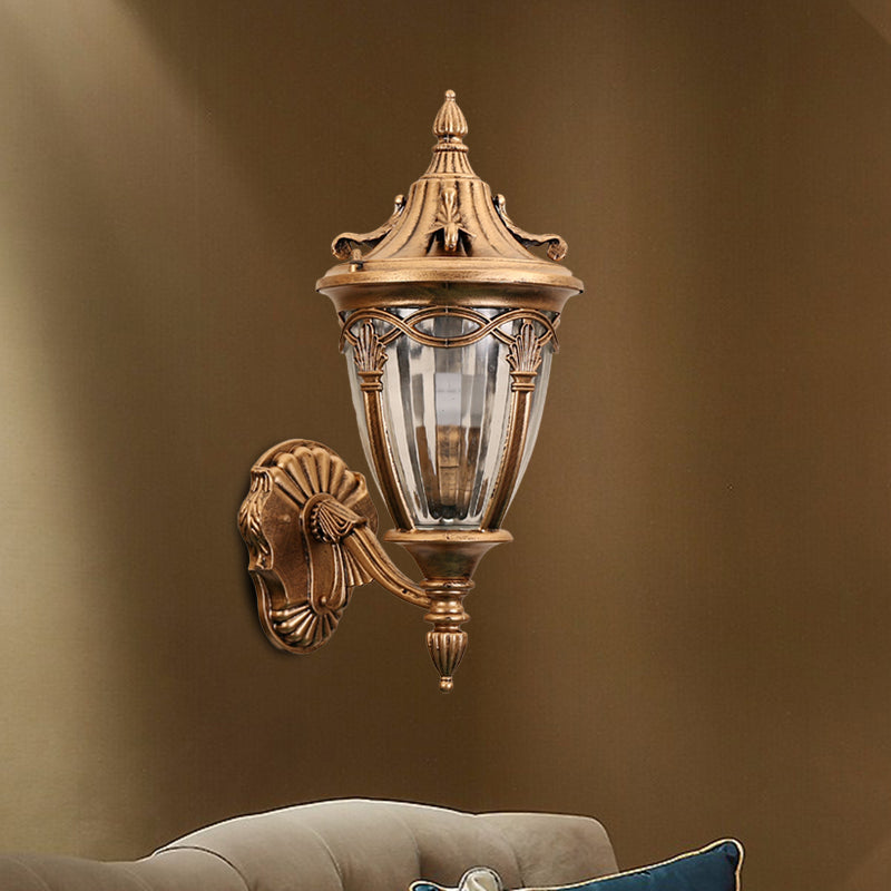Frendorf | 1 Glühbirne Urne Wand Sconce Licht Loft Messing/schwarzes Metall Wandlampe Leuchte mit klarem geripptem Glas-Schirm