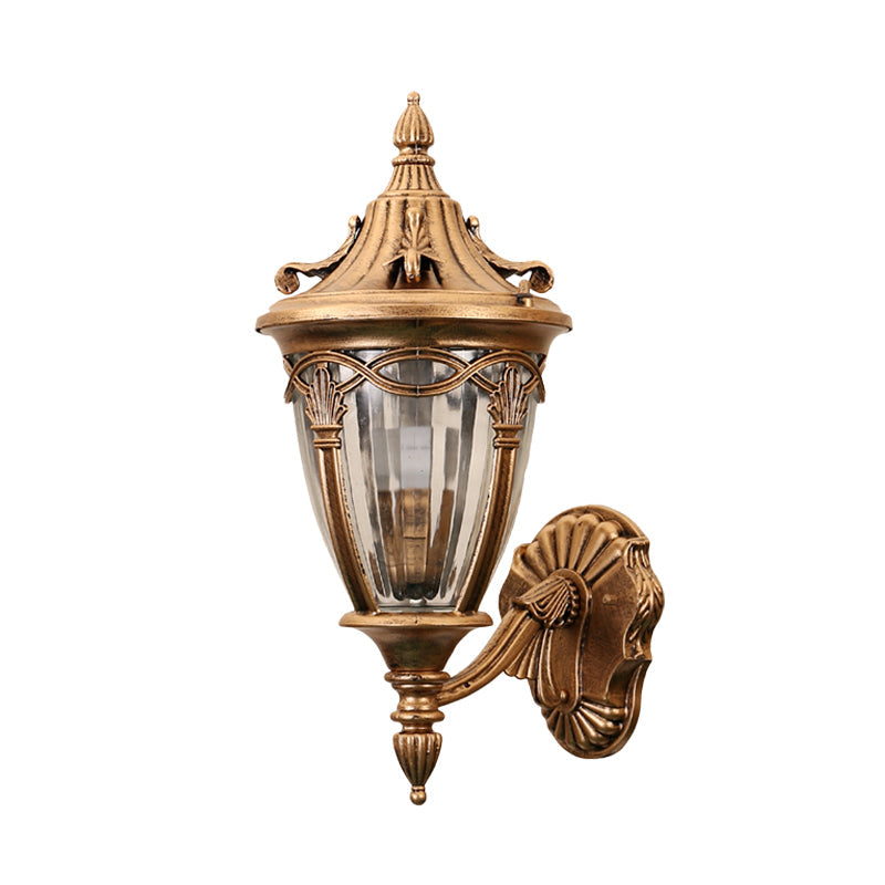Frendorf | 1 Glühbirne Urne Wand Sconce Licht Loft Messing/schwarzes Metall Wandlampe Leuchte mit klarem geripptem Glas-Schirm