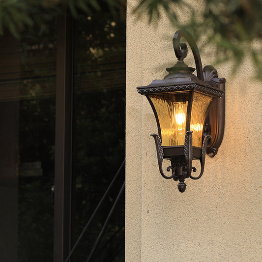 Frendorf | 1 Glühbirne Aluminium Wand-Sconces Land Dunkelkaffee Laterne Außenwandleuchte mit Wasser Glas Schirm