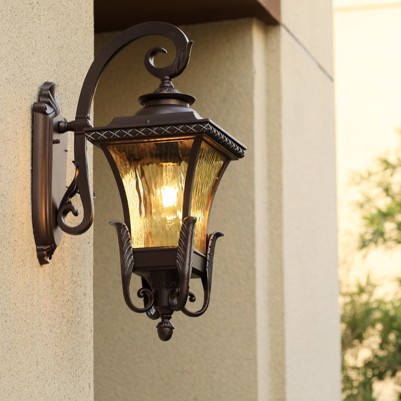 Frendorf | 1 Glühbirne Aluminium Wand-Sconces Land Dunkelkaffee Laterne Außenwandleuchte mit Wasser Glas Schirm