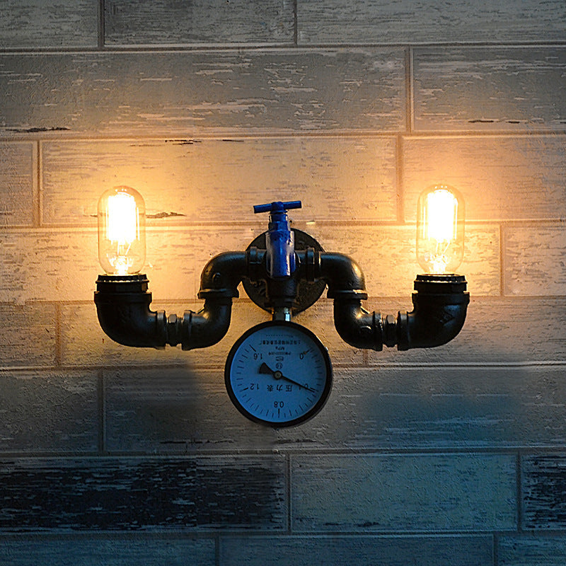Frendorf | Antieke Stijl Pijp Muur Lamp met Drukmeter en Kraan Deco 2 Lichten Metalen Wandverlichting in Zwart