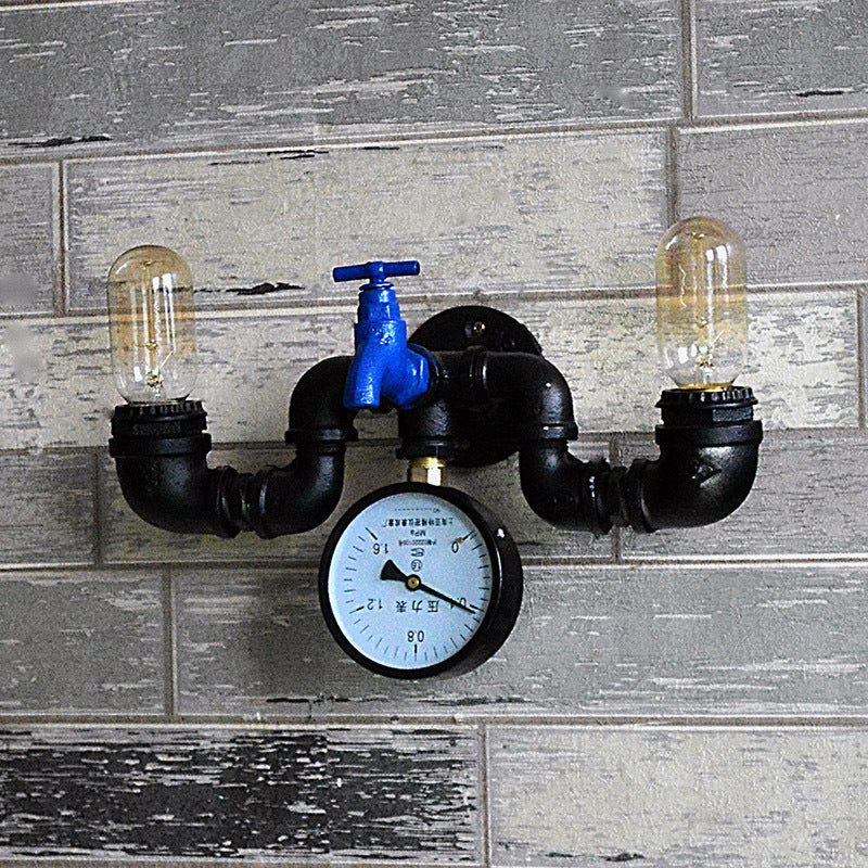 Frendorf | Antieke Stijl Pijp Muur Lamp met Drukmeter en Kraan Deco 2 Lichten Metalen Wandverlichting in Zwart