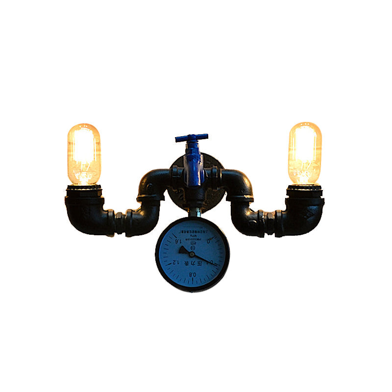 Frendorf | Antieke Stijl Pijp Muur Lamp met Drukmeter en Kraan Deco 2 Lichten Metalen Wandverlichting in Zwart