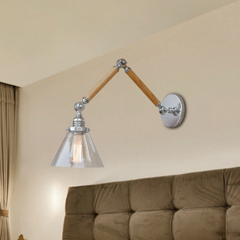 Frendorf | Cone Bedside Sconce Lichtarmatur Vintage Stil Klarglas 1 Licht Chrom Wandlampe, 8"+8"/6"+6"/8"+4" Holzarm