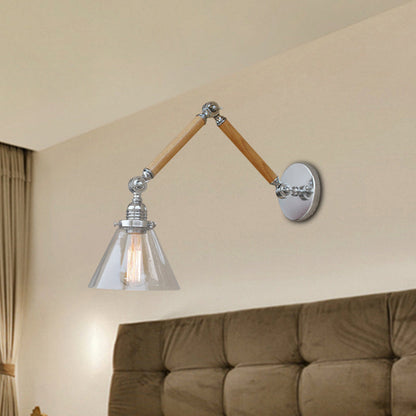 Frendorf | Cone Bedside Sconce Lichtarmatur Vintage Stil Klarglas 1 Licht Chrom Wandlampe, 8"+8"/6"+6"/8"+4" Holzarm