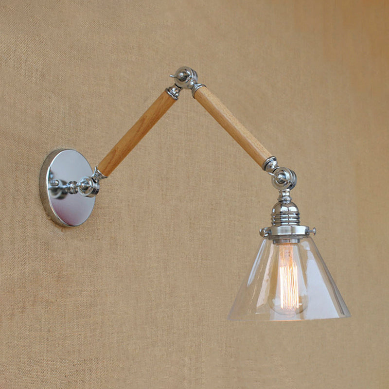 Frendorf | Cone Bedside Sconce Lichtarmatur Vintage Stil Klarglas 1 Licht Chrom Wandlampe, 8"+8"/6"+6"/8"+4" Holzarm