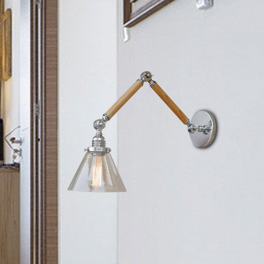 Frendorf | Cone Bedside Sconce Lichtarmatur Vintage Stil Klarglas 1 Licht Chrom Wandlampe, 8"+8"/6"+6"/8"+4" Holzarm