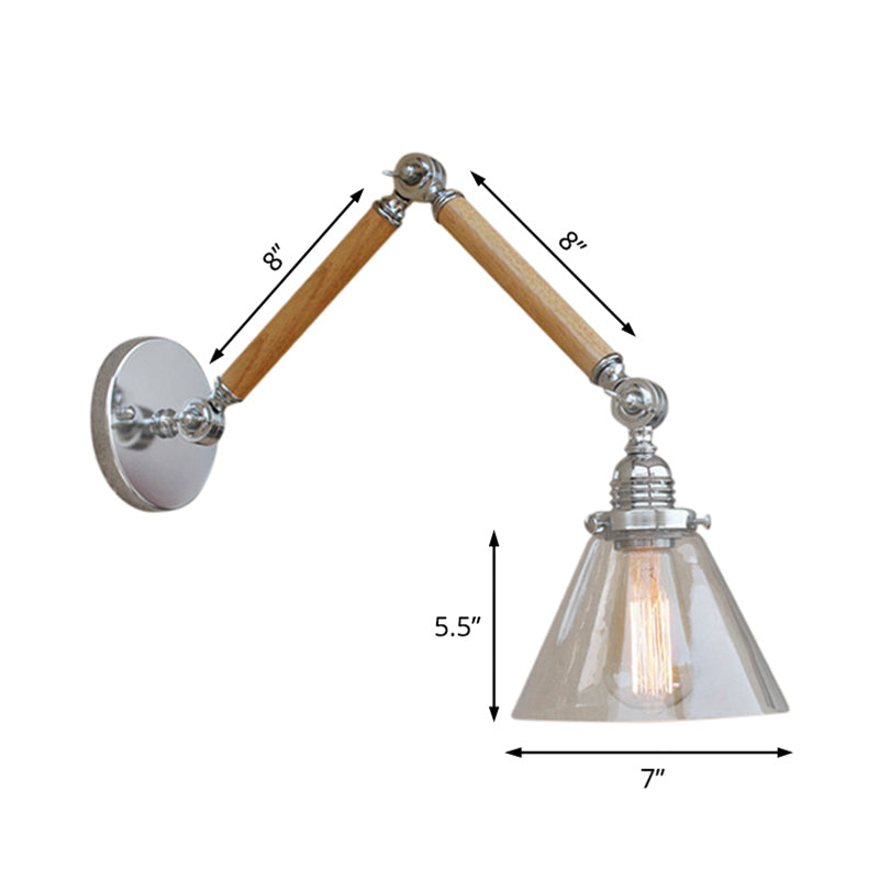 Frendorf | Cone Bedside Sconce Lichtarmatur Vintage Stil Klarglas 1 Licht Chrom Wandlampe, 8"+8"/6"+6"/8"+4" Holzarm